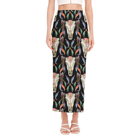 Native Buffalo Pattern Print Side Slit Maxi Skirt