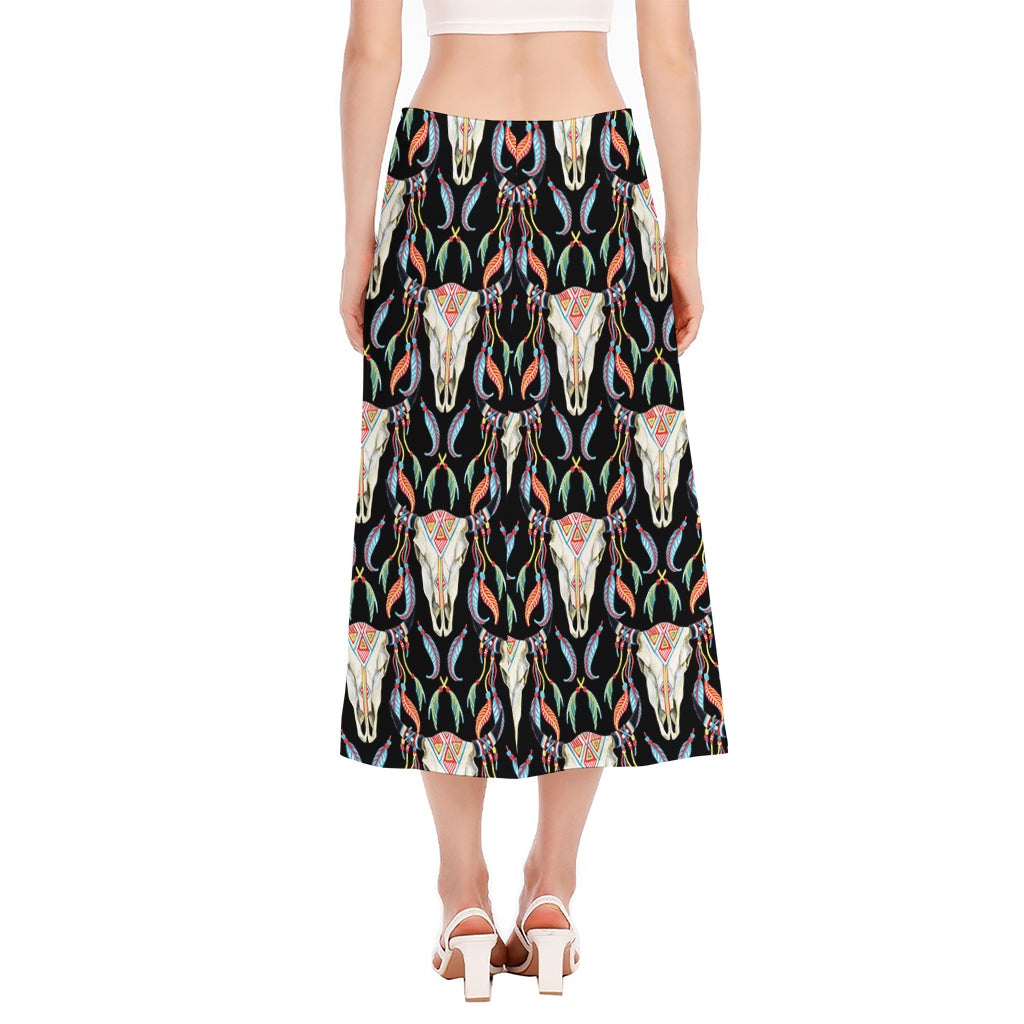 Native Buffalo Pattern Print Side Slit Midi Skirt