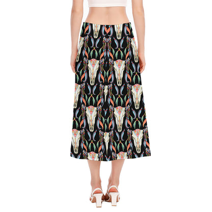 Native Buffalo Pattern Print Side Slit Midi Skirt