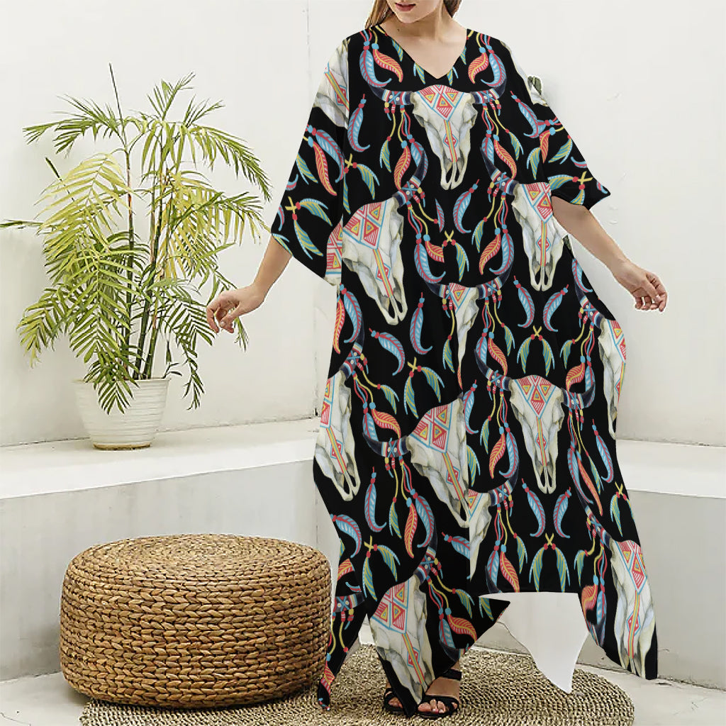 Native Buffalo Pattern Print Silk V-Neck Kaftan Dress