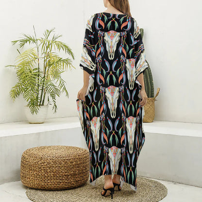 Native Buffalo Pattern Print Silk V-Neck Kaftan Dress