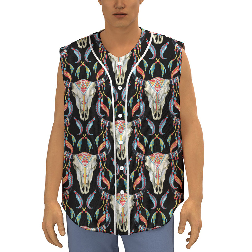 Native Buffalo Pattern Print Sleeveless Baseball Jersey