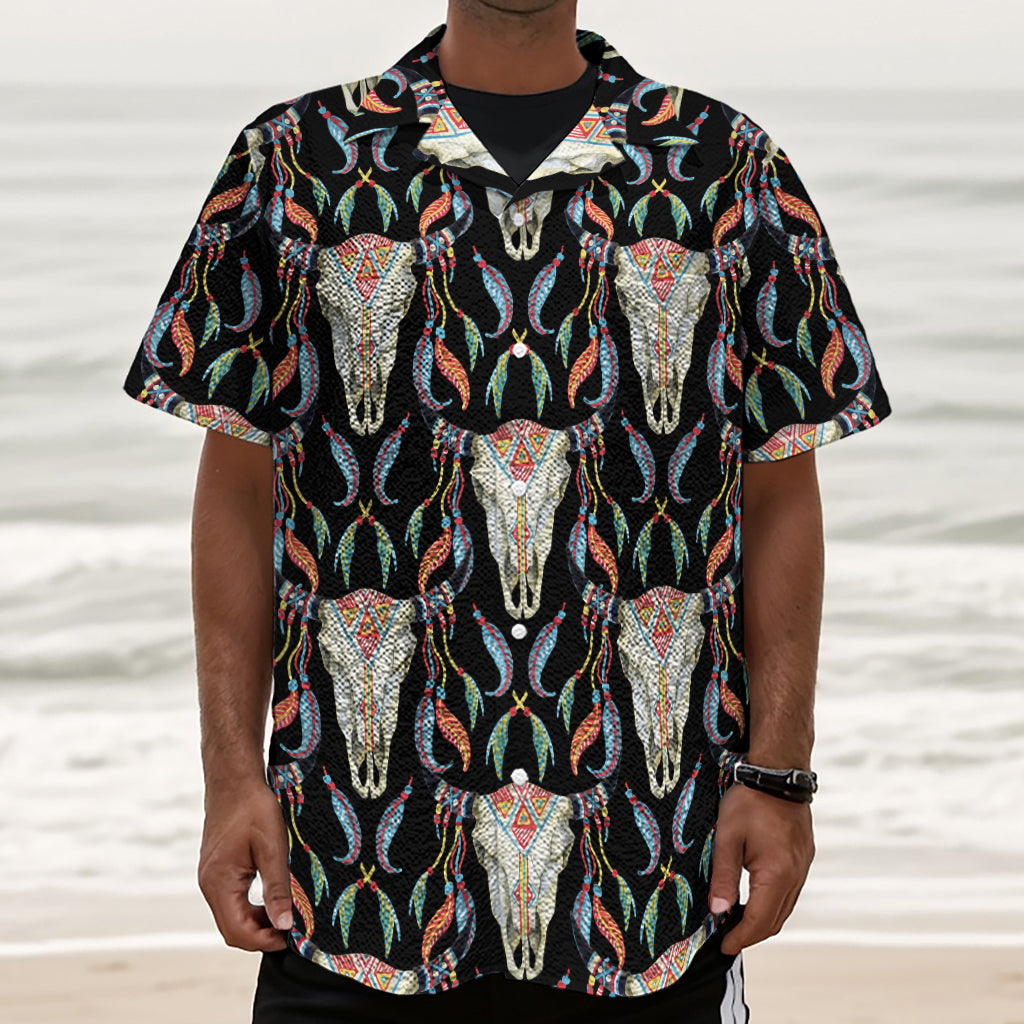 Native Buffalo Pattern Print Textured Short Sleeve Shirt