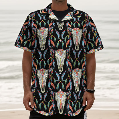 Native Buffalo Pattern Print Textured Short Sleeve Shirt