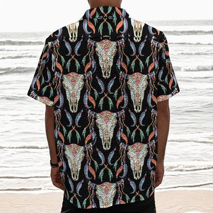 Native Buffalo Pattern Print Textured Short Sleeve Shirt