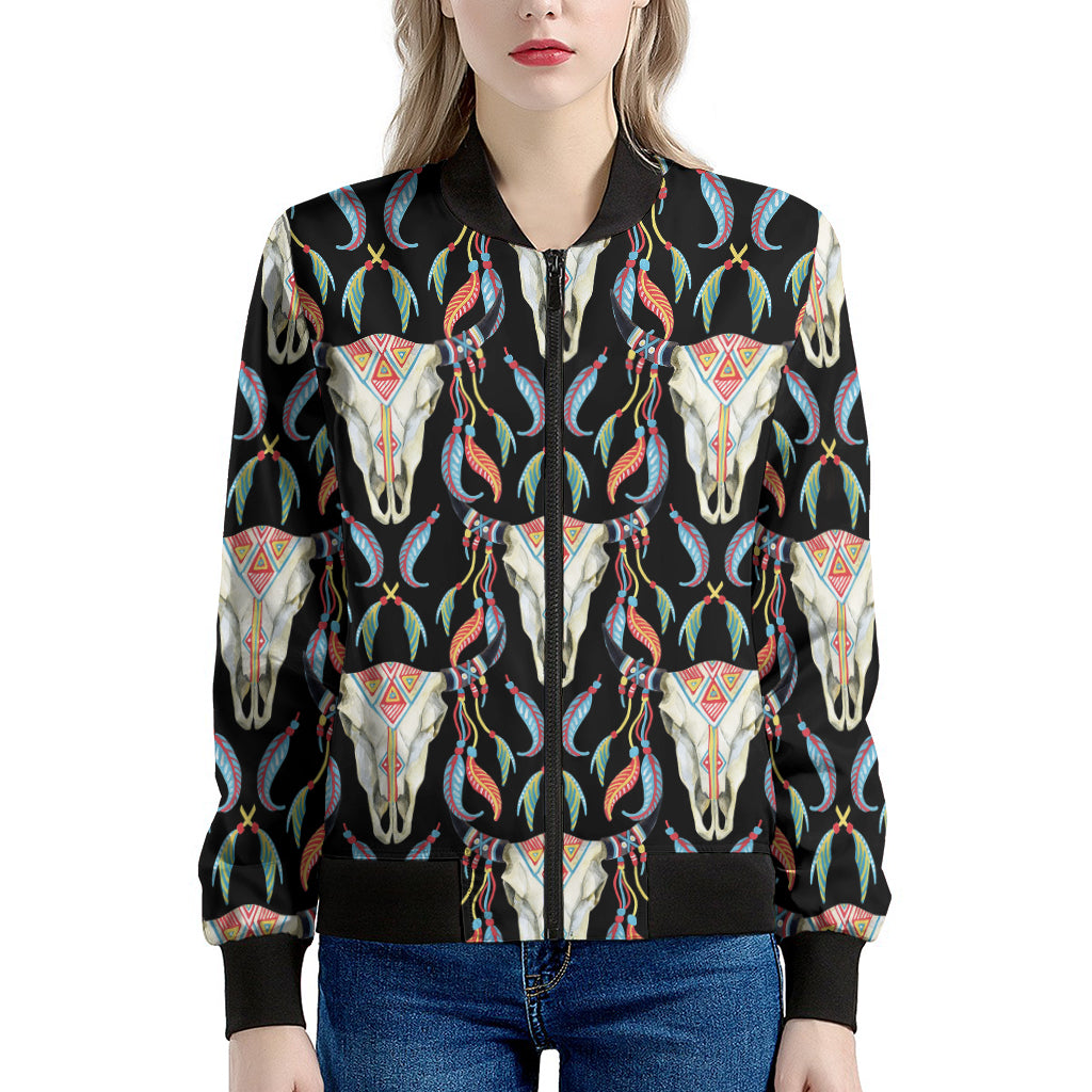 Native Buffalo Pattern Print Women's Bomber Jacket