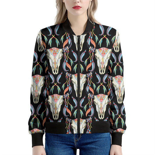 Native Buffalo Pattern Print Women's Bomber Jacket