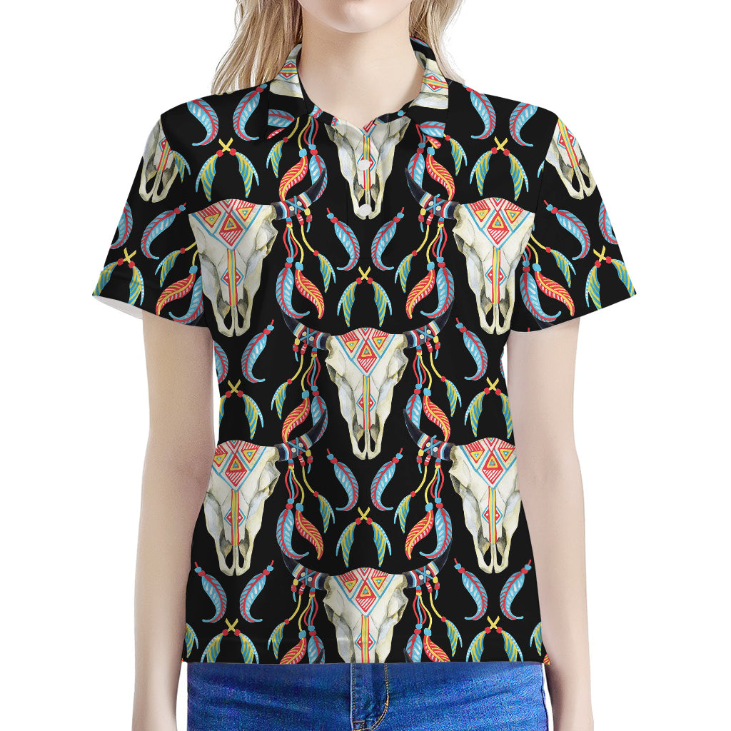 Native Buffalo Pattern Print Women's Polo Shirt
