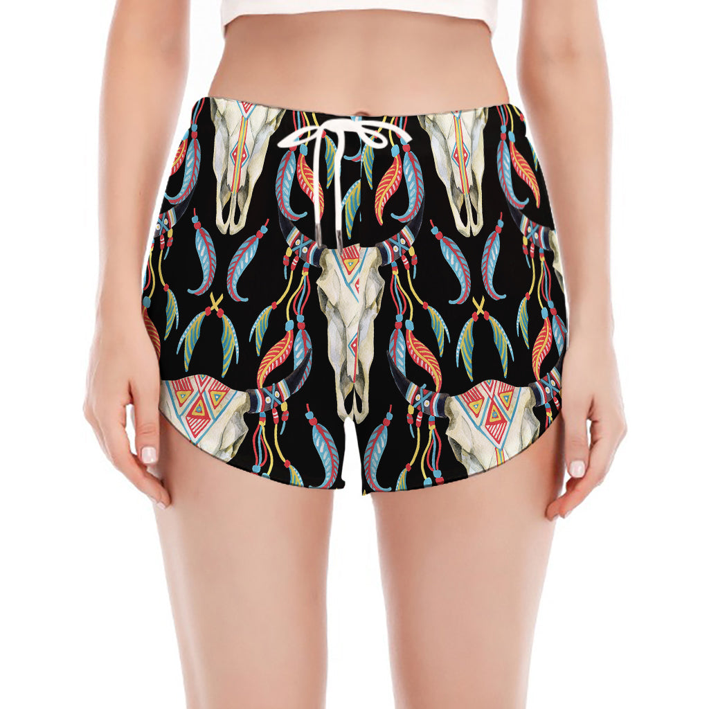 Native Buffalo Pattern Print Women's Split Running Shorts