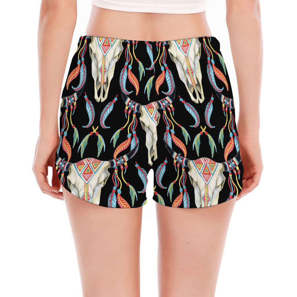 Native Buffalo Pattern Print Women's Split Running Shorts