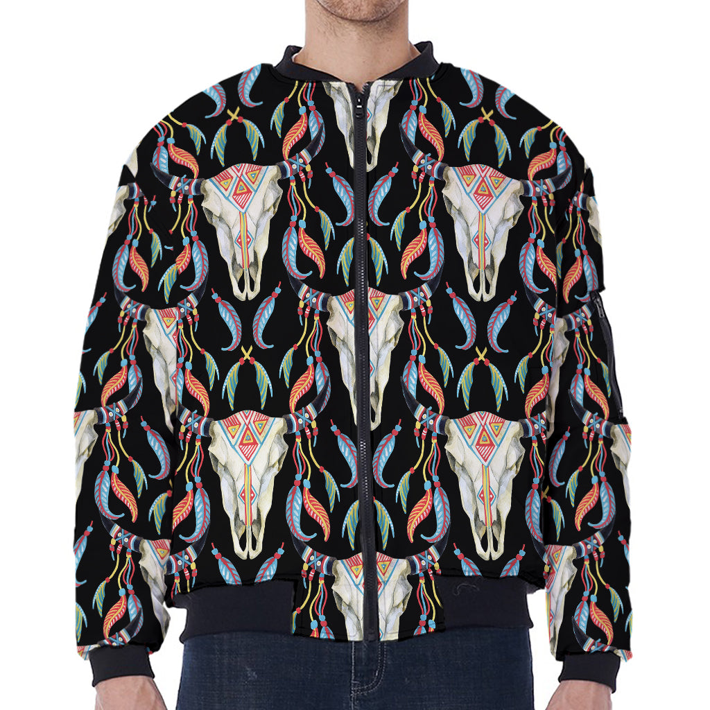 Native Buffalo Pattern Print Zip Sleeve Bomber Jacket