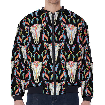 Native Buffalo Pattern Print Zip Sleeve Bomber Jacket