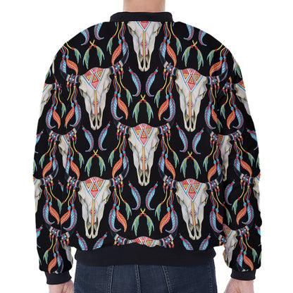 Native Buffalo Pattern Print Zip Sleeve Bomber Jacket