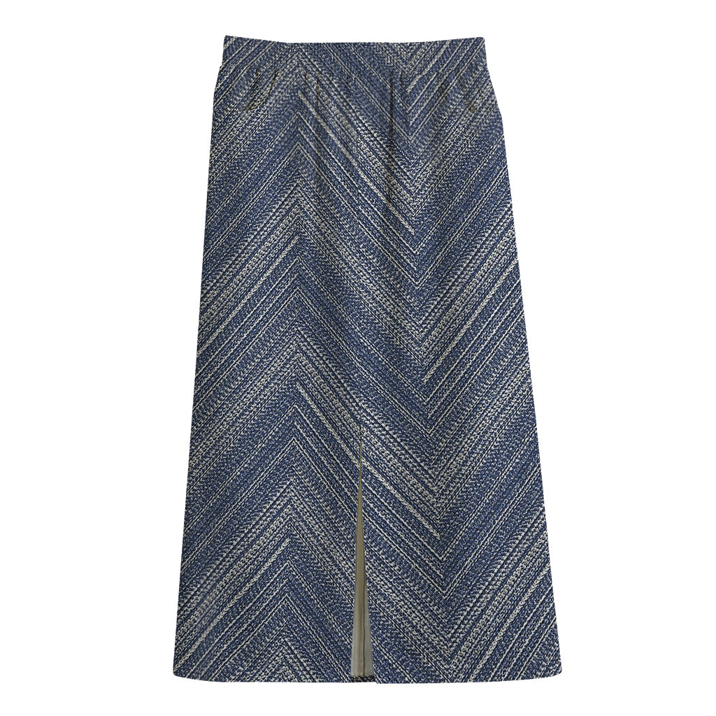 Native Denim Jeans Pattern Print Cotton Front Slit Maxi Skirt