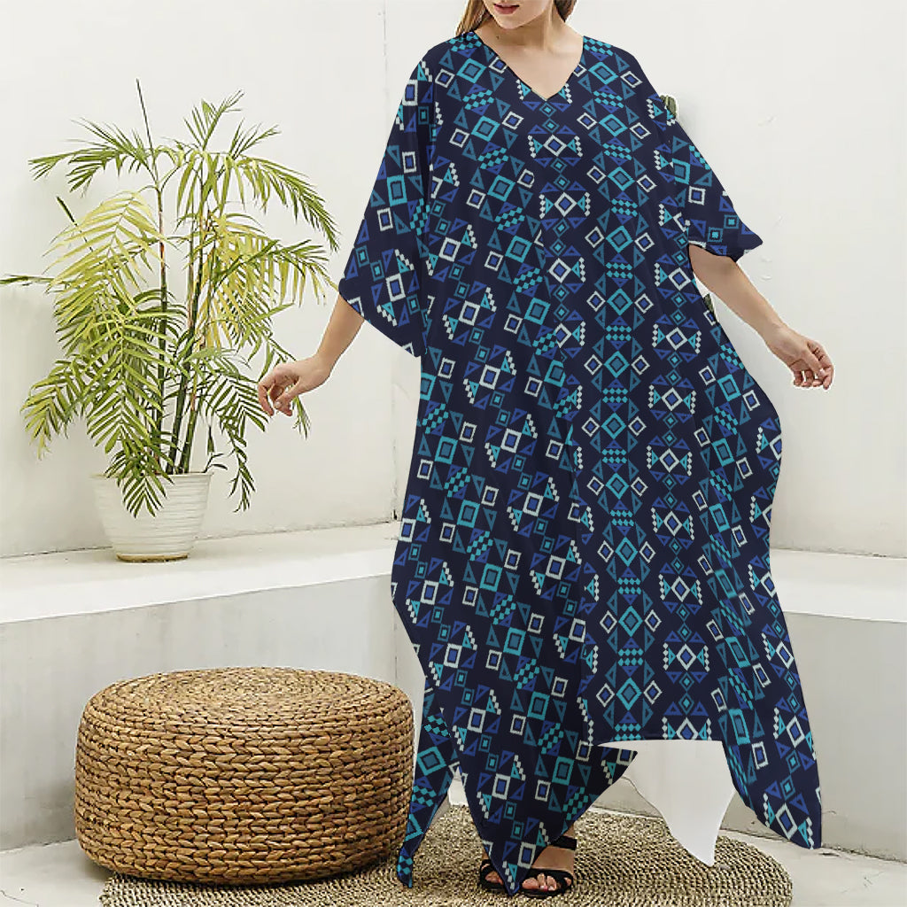 Native Ethnic Pattern Print Silk V-Neck Kaftan Dress