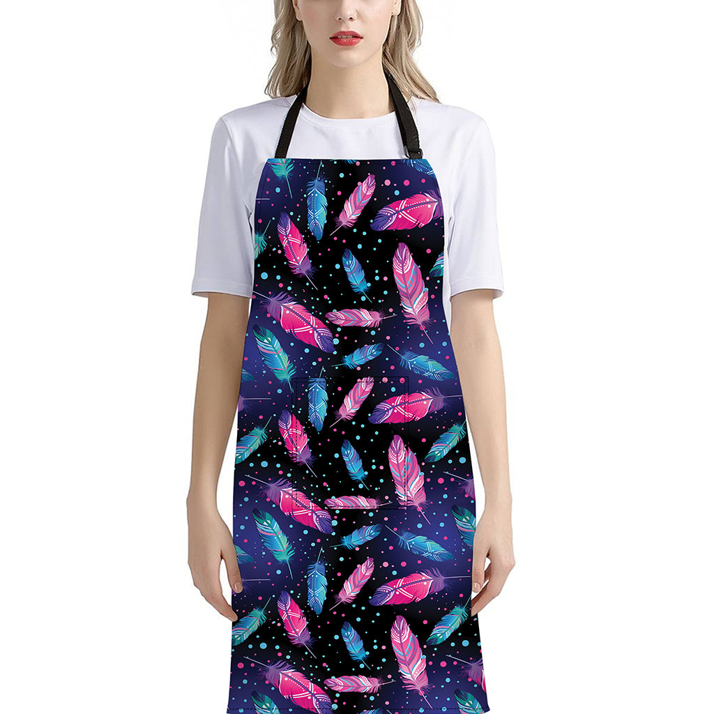 Native Feather Pattern Print Bib Apron With Pocket