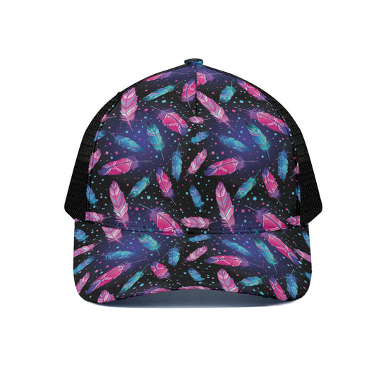 Native Feather Pattern Print Black Mesh Trucker Cap