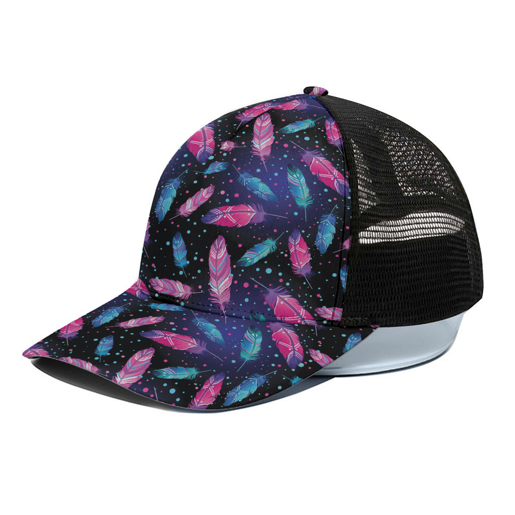 Native Feather Pattern Print Black Mesh Trucker Cap