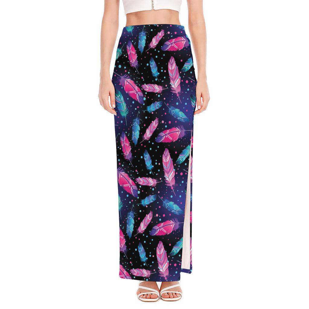 Native Feather Pattern Print High Slit Maxi Skirt