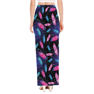 Native Feather Pattern Print High Slit Maxi Skirt