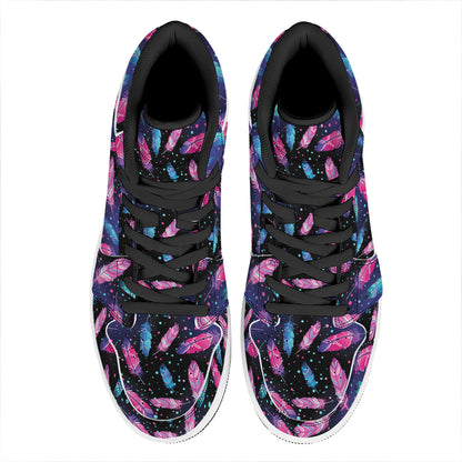 Native Feather Pattern Print High Top Leather Sneakers