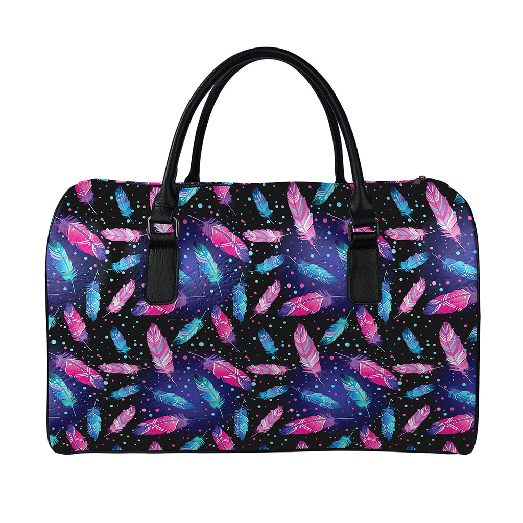 Native Feather Pattern Print Leather Duffle Bag