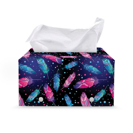 Native Feather Pattern Print Leather Tissue Box Cover