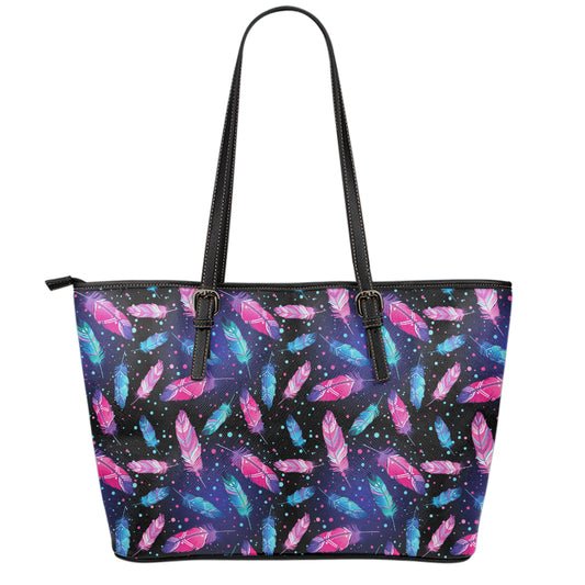 Native Feather Pattern Print Leather Tote Bag