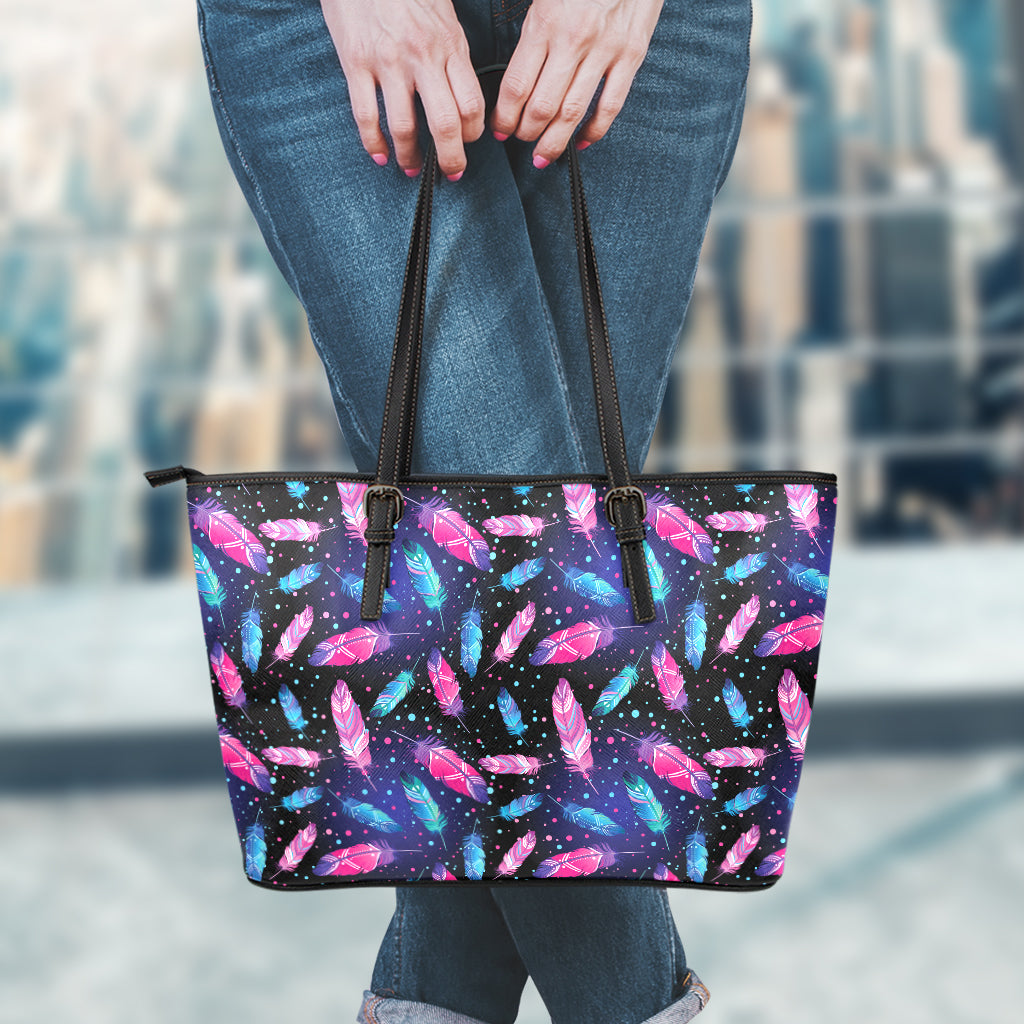 Native Feather Pattern Print Leather Tote Bag