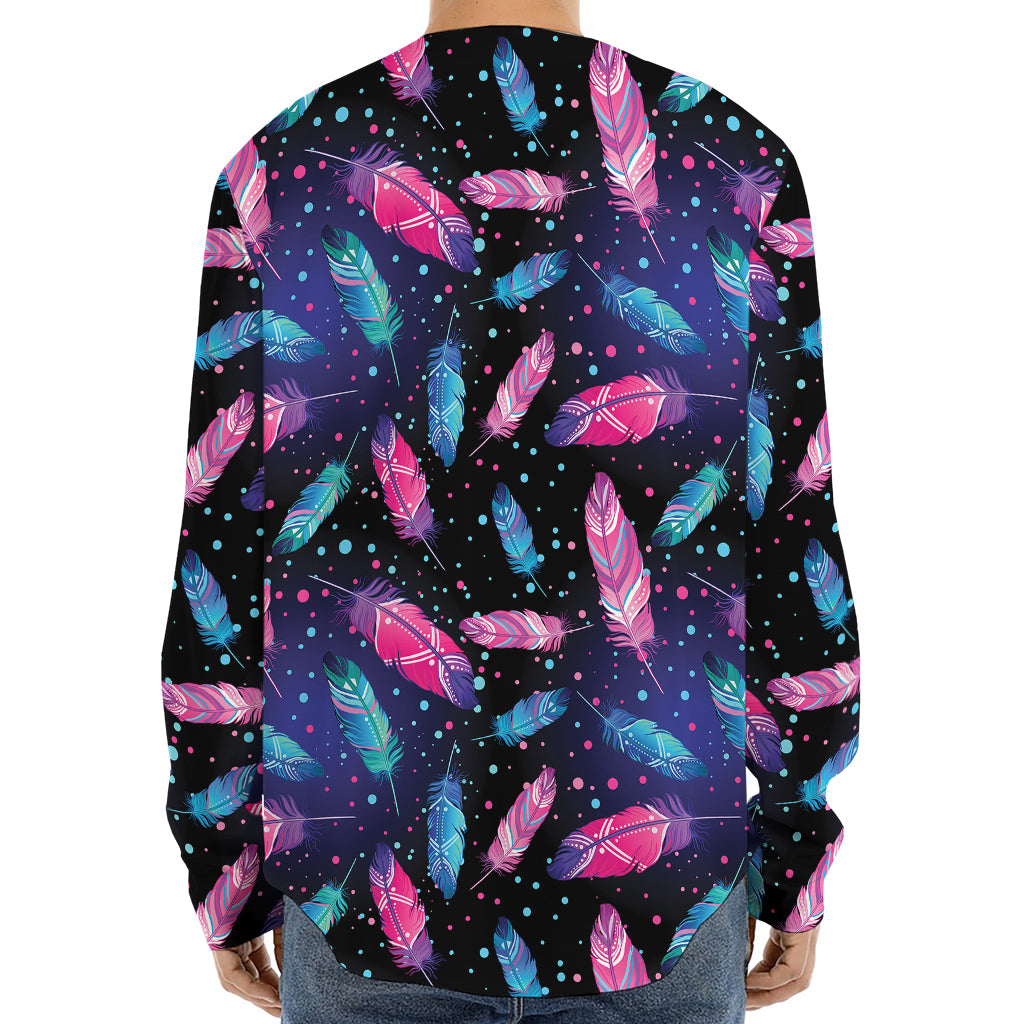 Native Feather Pattern Print Long Sleeve Baseball Jersey