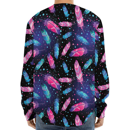 Native Feather Pattern Print Long Sleeve Baseball Jersey