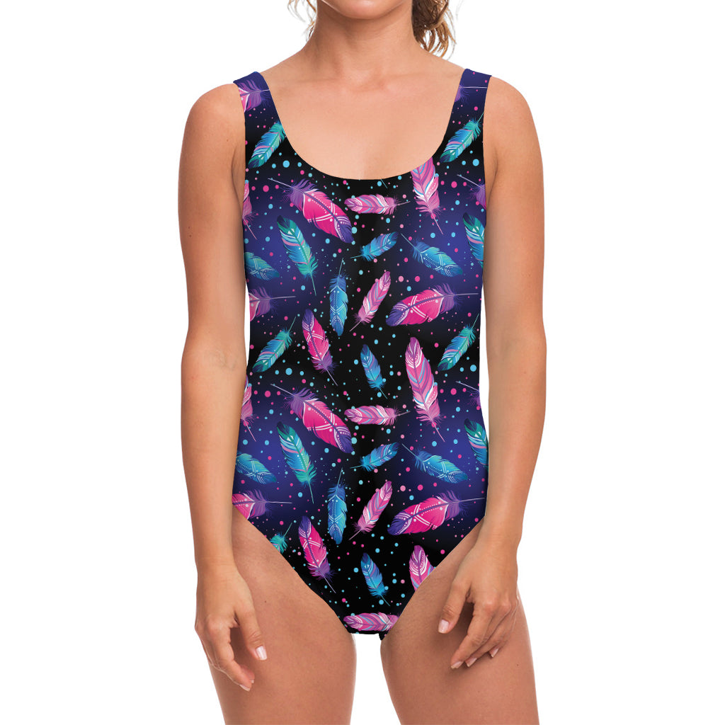 Native Feather Pattern Print One Piece Swimsuit