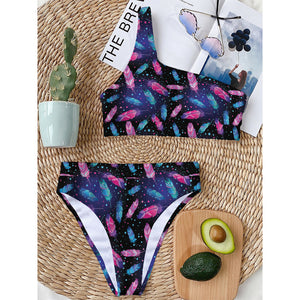 Native Feather Pattern Print One Shoulder Bikini Top