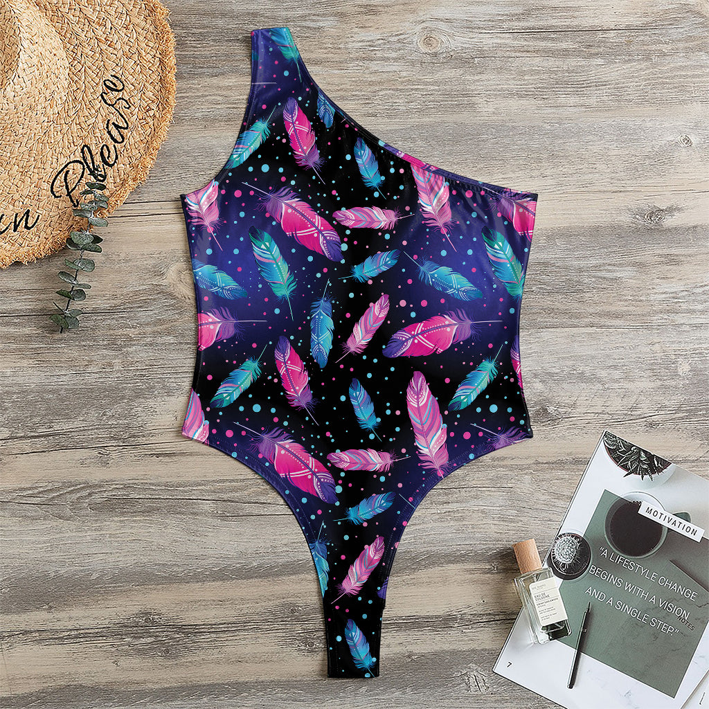 Native Feather Pattern Print One Shoulder Bodysuit