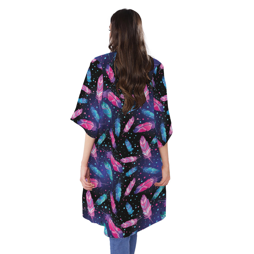 Native Feather Pattern Print Open Front Beach Cover Up