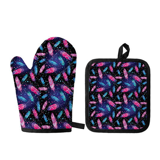 Native Feather Pattern Print Oven Mitt And Pot Holder Set