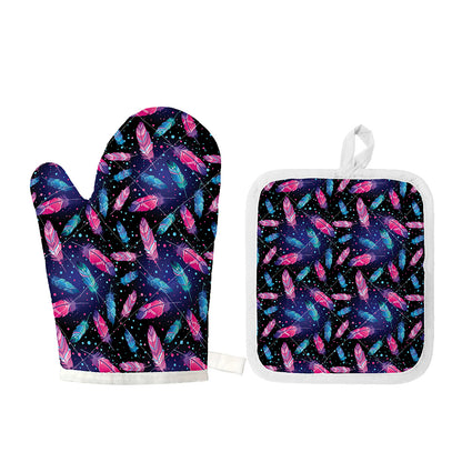Native Feather Pattern Print Oven Mitt And Pot Holder Set