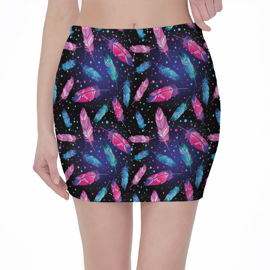 Native Feather Pattern Print Pencil Mini Skirt