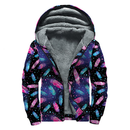 Native Feather Pattern Print Sherpa Lined Zip Up Hoodie