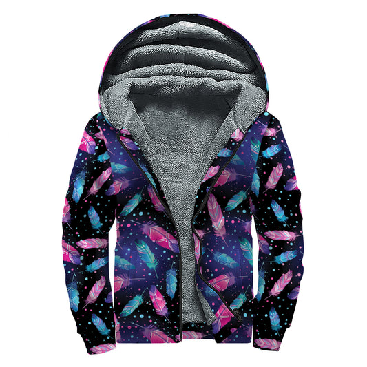Native Feather Pattern Print Sherpa Lined Zip Up Hoodie