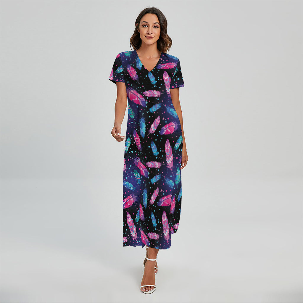 Native Feather Pattern Print Short Sleeve Maxi Dress