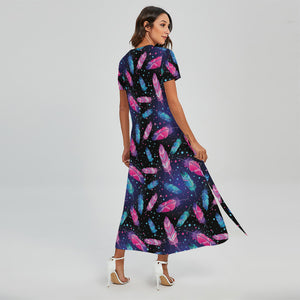 Native Feather Pattern Print Short Sleeve Maxi Dress