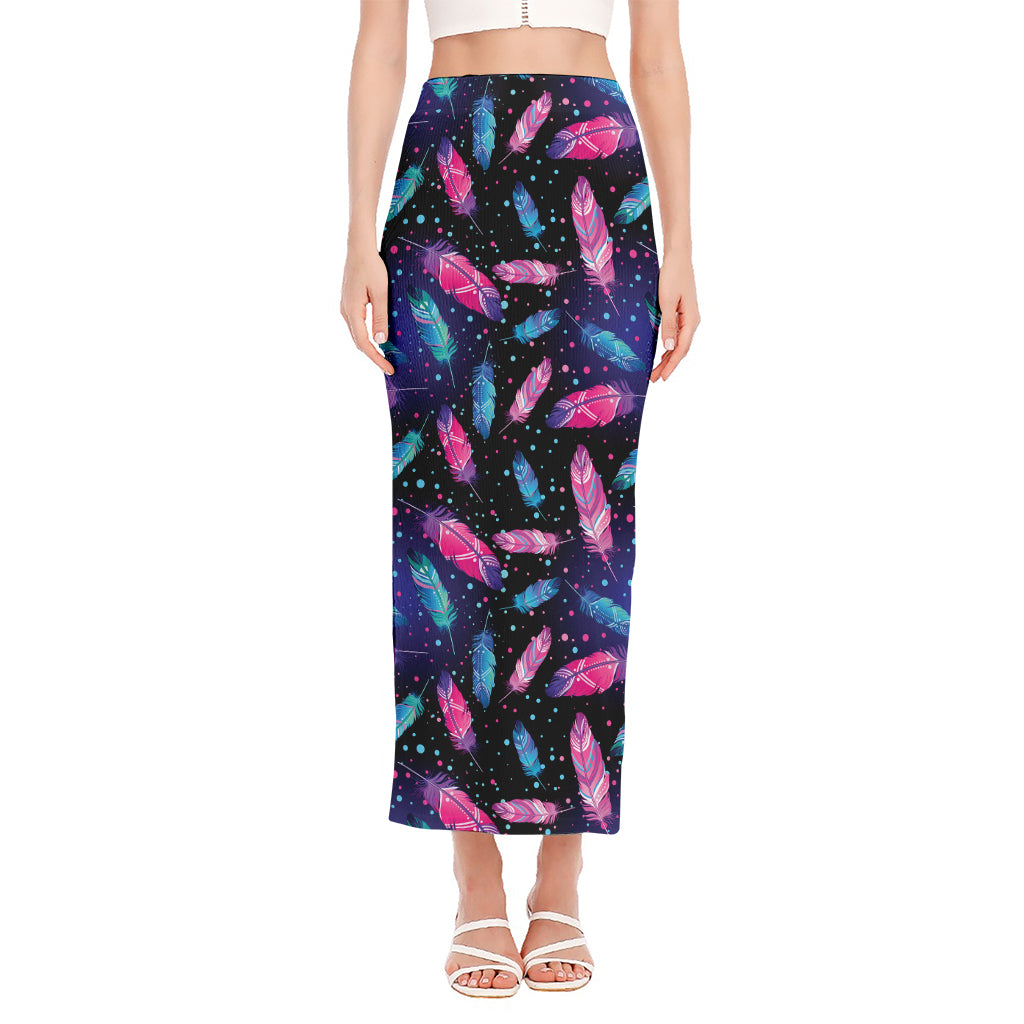 Native Feather Pattern Print Side Slit Maxi Skirt