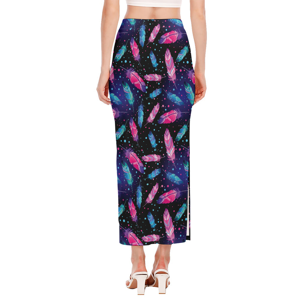 Native Feather Pattern Print Side Slit Maxi Skirt