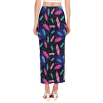 Native Feather Pattern Print Side Slit Maxi Skirt