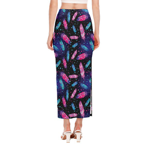 Native Feather Pattern Print Side Slit Maxi Skirt