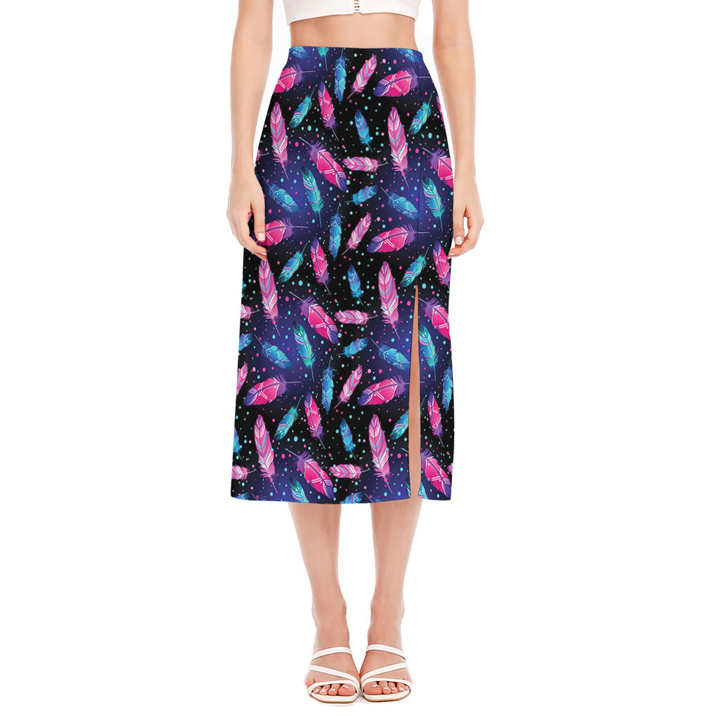 Native Feather Pattern Print Side Slit Midi Skirt