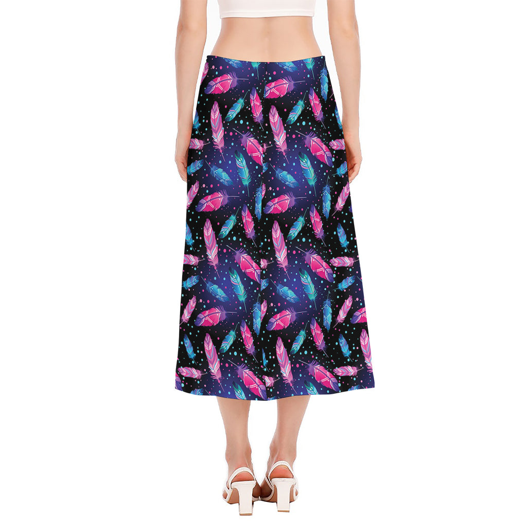 Native Feather Pattern Print Side Slit Midi Skirt