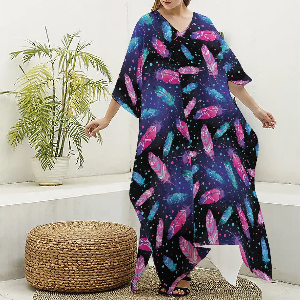 Native Feather Pattern Print Silk V-Neck Kaftan Dress