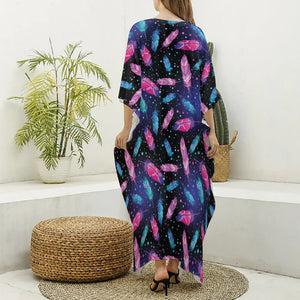 Native Feather Pattern Print Silk V-Neck Kaftan Dress